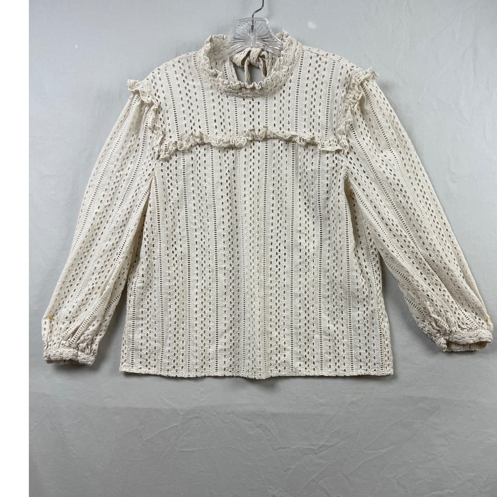 Madewell Eyelet Blouse Women Medium Cream Ruffle Mock Neck Balloon Sleeve Cotton